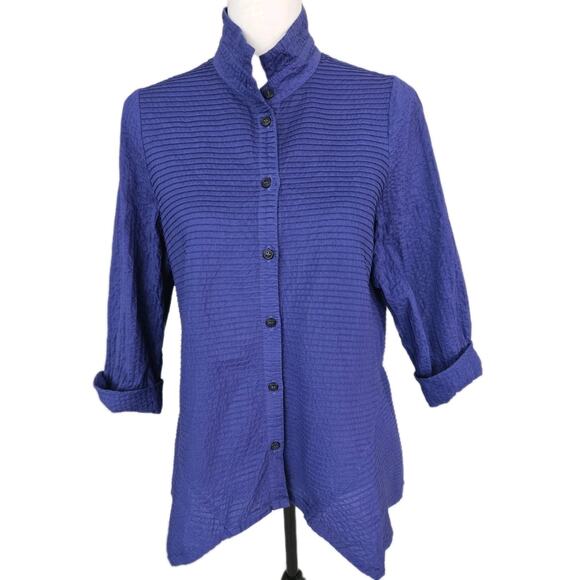 Yacco Maricard Pintucked Asymmetric Hem Boxy Cotton Button Down Blouse Sz 2 M/L - Picture 1 of 14